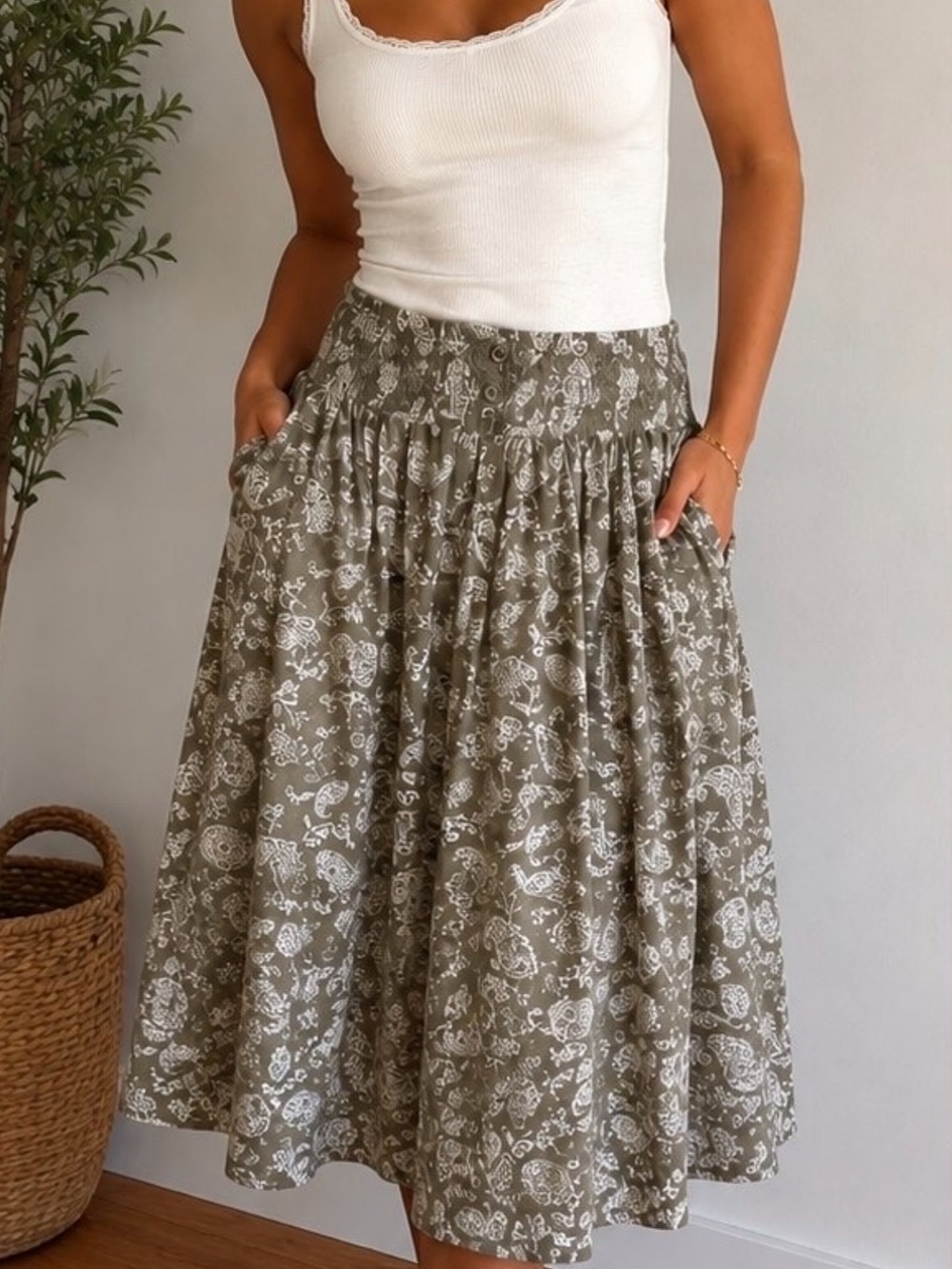 Olive Green Printed Midi Skirt - Women